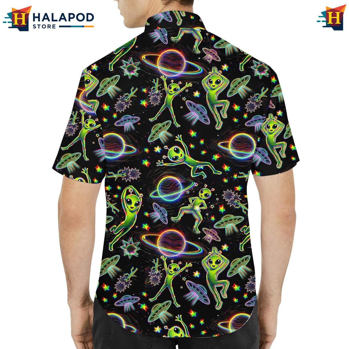 Cool Alien Short-sleeve button-up shirt, Black Summer Shirt With Vibrant Cartoon Aliens And Stars