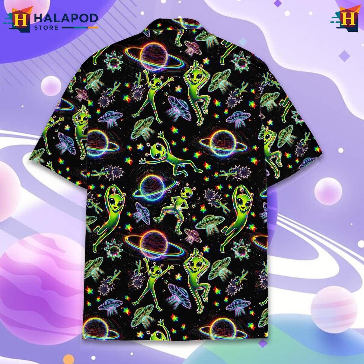 Cool Alien Tropical Shirt, Black Summer Shirt With Vibrant Cartoon Aliens And Stars