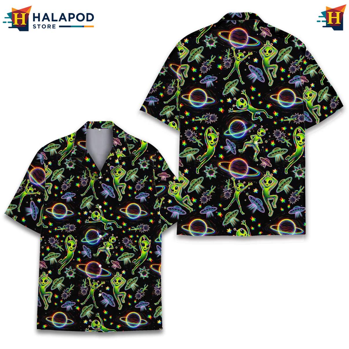 Cool Alien Aloha Shirt, Black Summer Shirt With Vibrant Cartoon Aliens And Stars