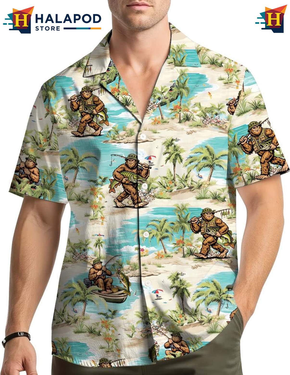 Cool Bigfoot Hawaiian Shirt, Fun Fishing Design For Summer Beach Outings