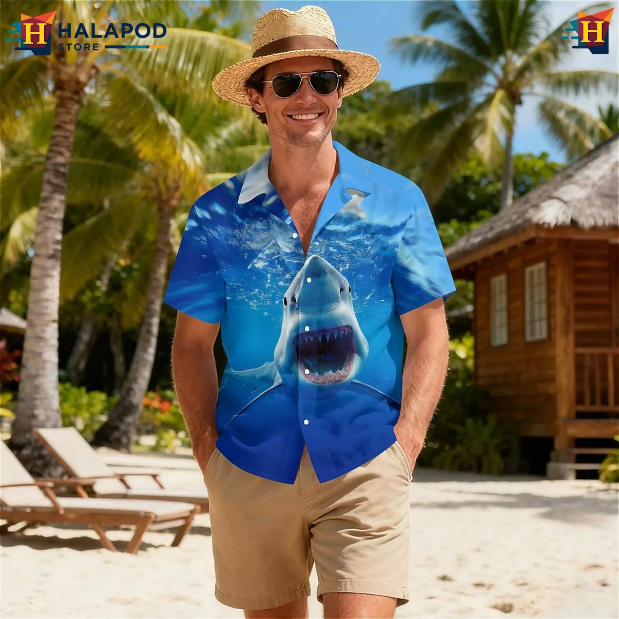 Cool Blue Shark Tropical Short-sleeve button-up shirt Short Sleeve Floral Button Down