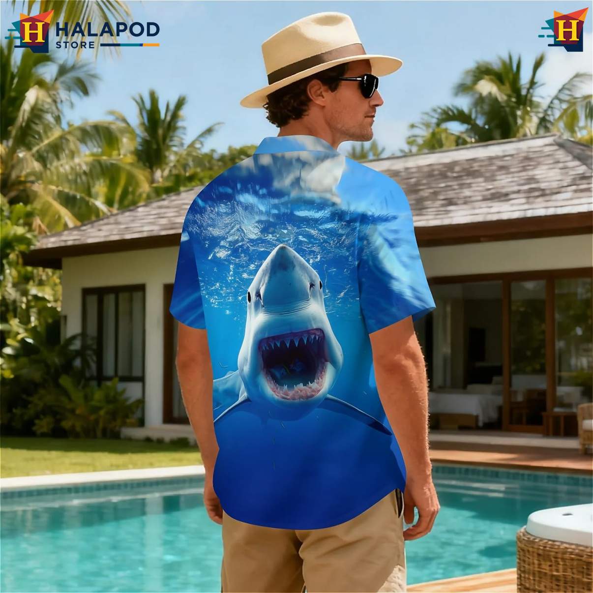 Cool Blue Shark Tropical Tropical Shirt Short Sleeve Floral Button Down