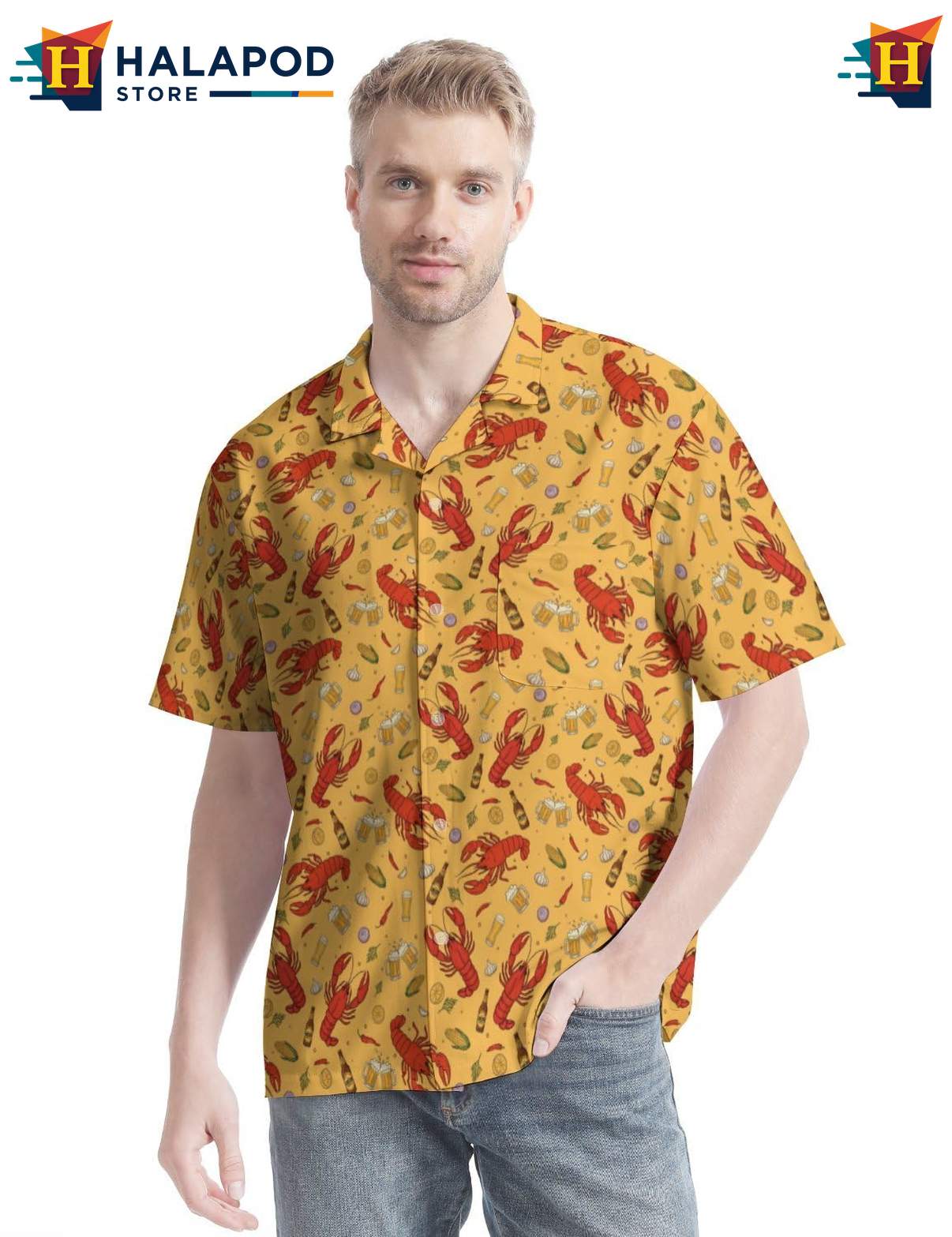 Cool Crawfish Short-sleeve button-up shirt, Vibrant Yellow Design With Red Crawfish And Food Items