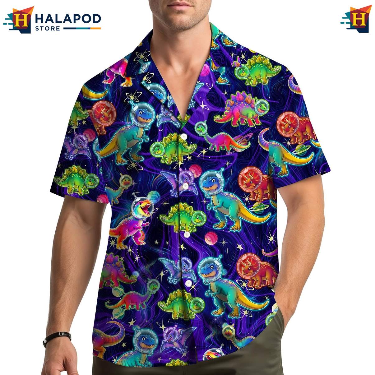 Cool Dinosaur Hawaiian Shirt, Vibrant Cosmic Design For Summer Beach Fun