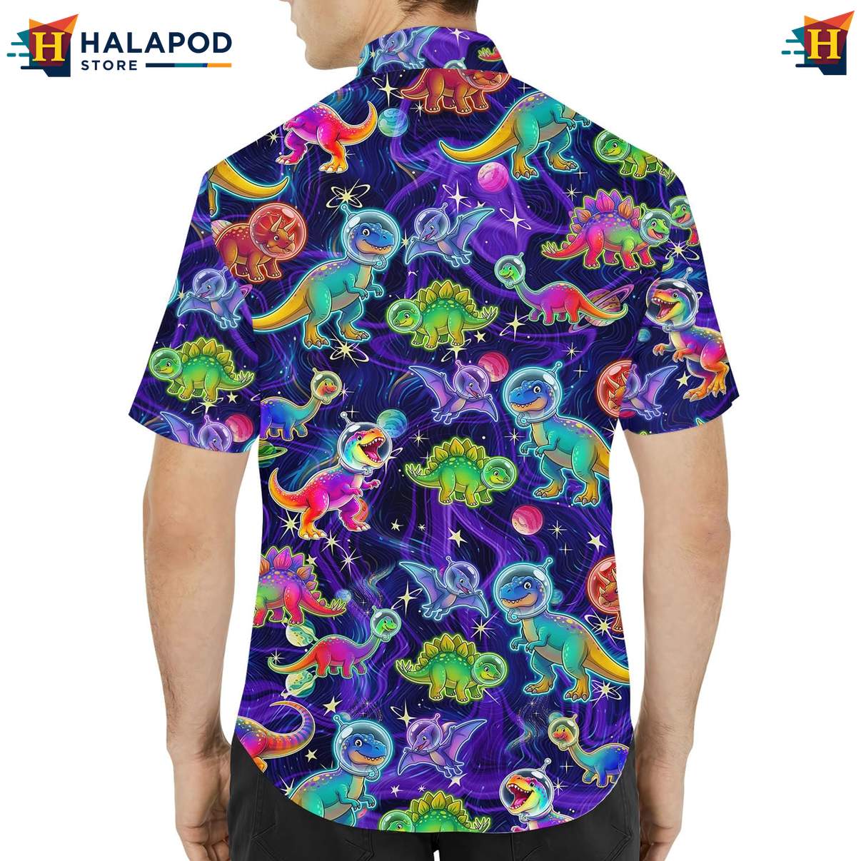 Cool Dinosaur Short-sleeve button-up shirt, Vibrant Cosmic Design For Summer Beach Fun
