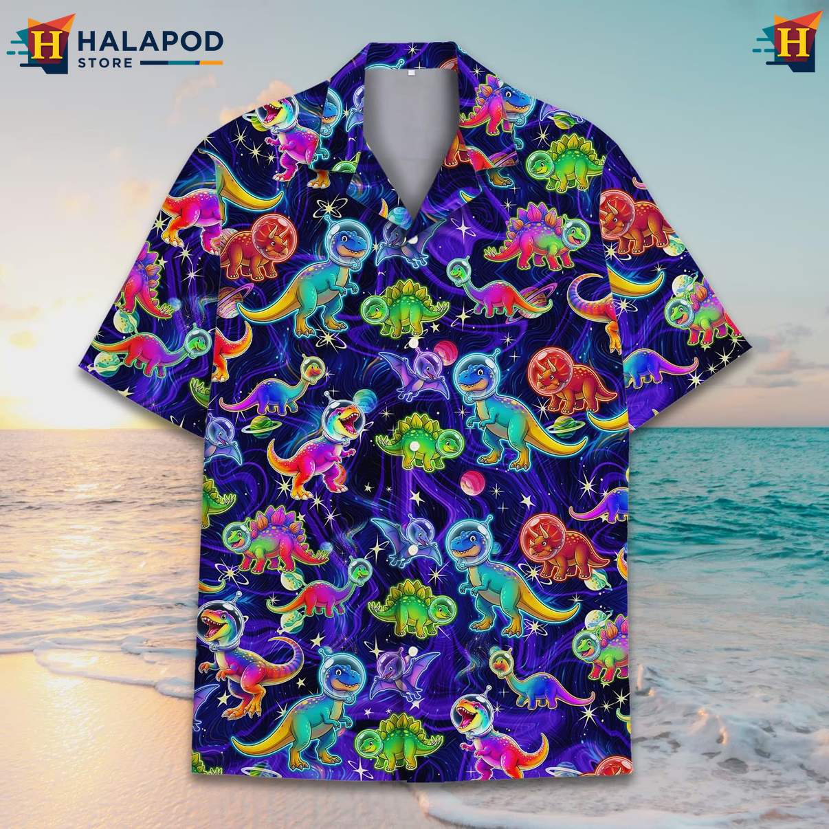 Cool Dinosaur Tropical Shirt, Vibrant Cosmic Design For Summer Beach Fun