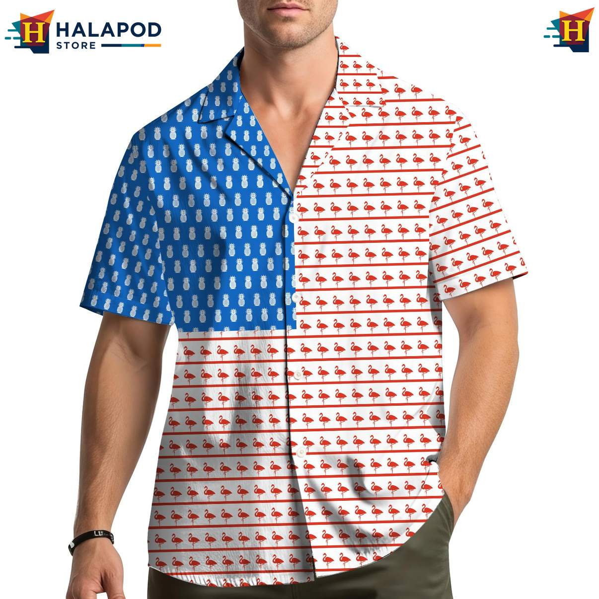 Cool Flamingo Hawaiian Shirt, Patriotic Red White Blue Design For 4th Of July Celebrations