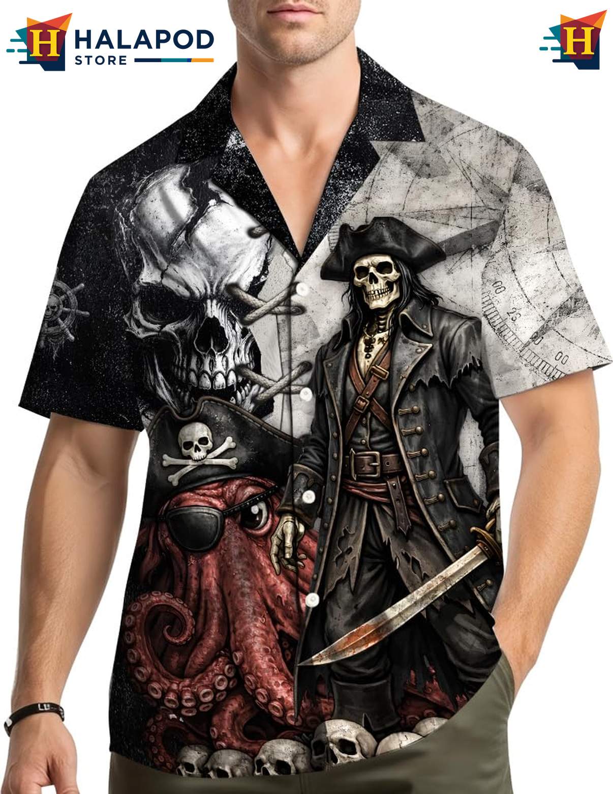 Cool Pirate Octopus Hawaiian Shirt, Mens Summer Button Down With Playful Design