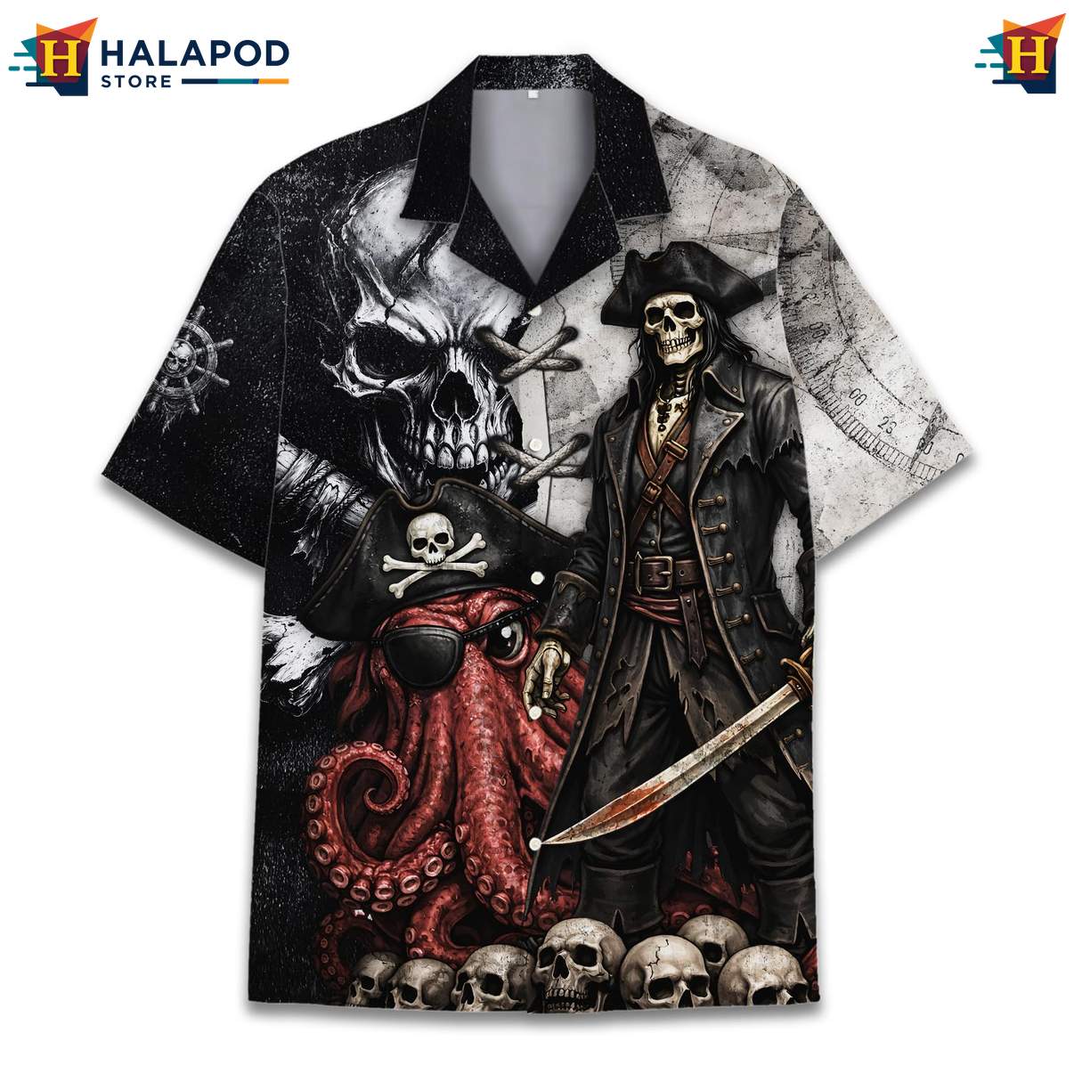 Cool Pirate Octopus Tropical Shirt, Mens Summer Button Down With Playful Design