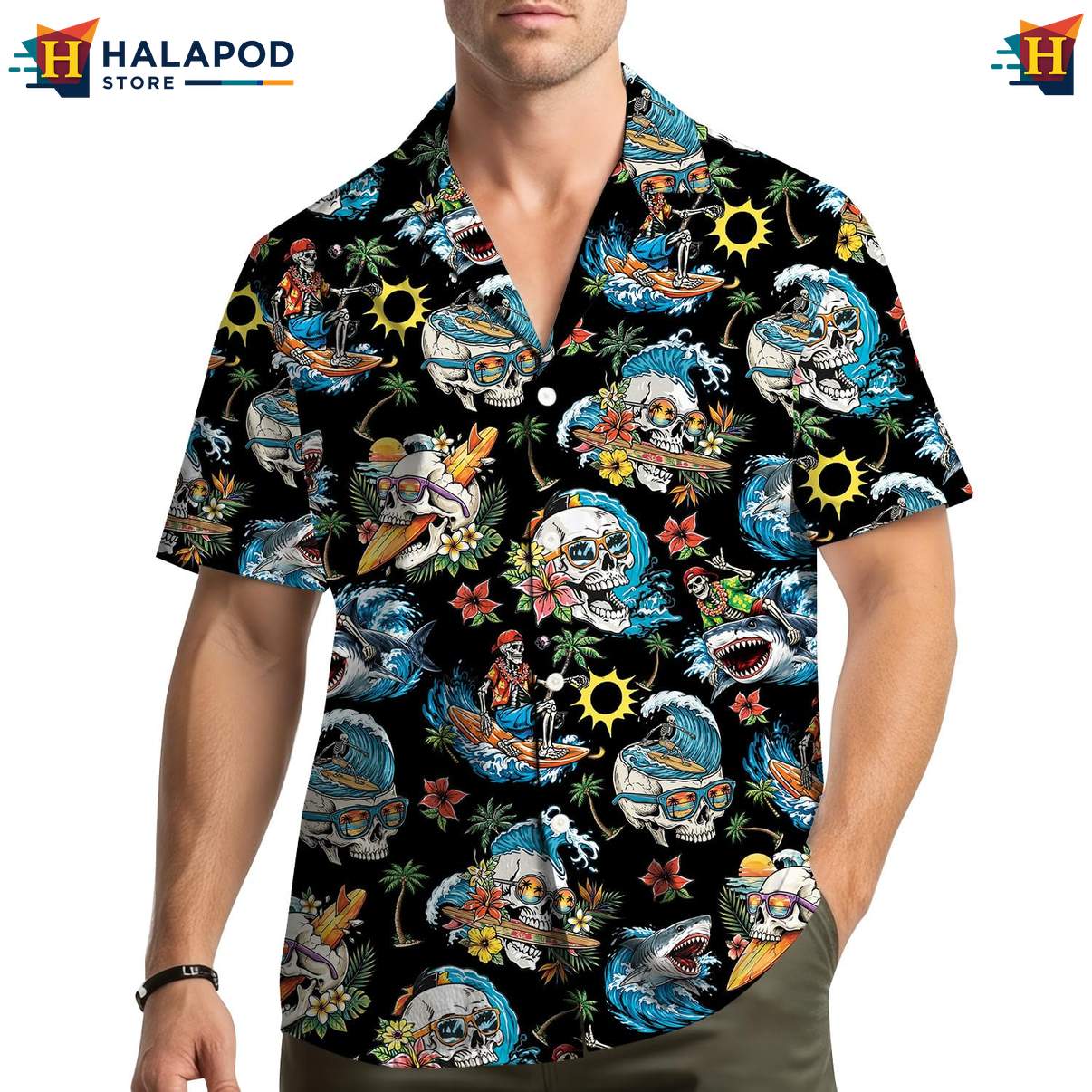 Cool Shark Aloha Shirt, Black Skull Tropical Design For Summer Beach Fun