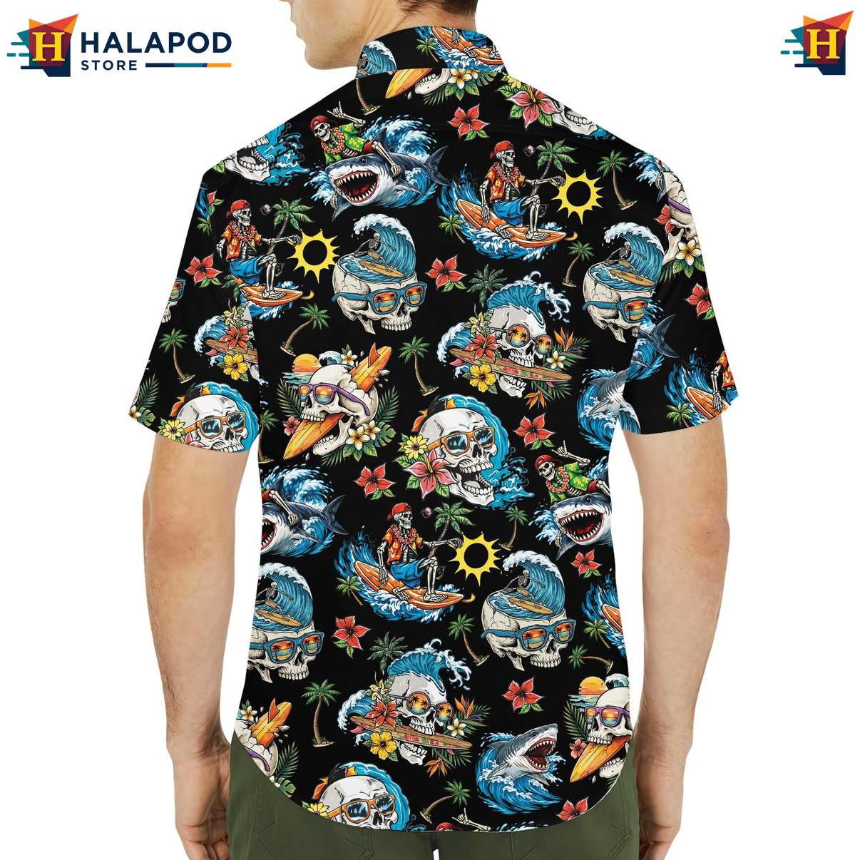 Cool Shark Aloha Tee Shirt, Black Skull Tropical Design For Summer Beach Fun