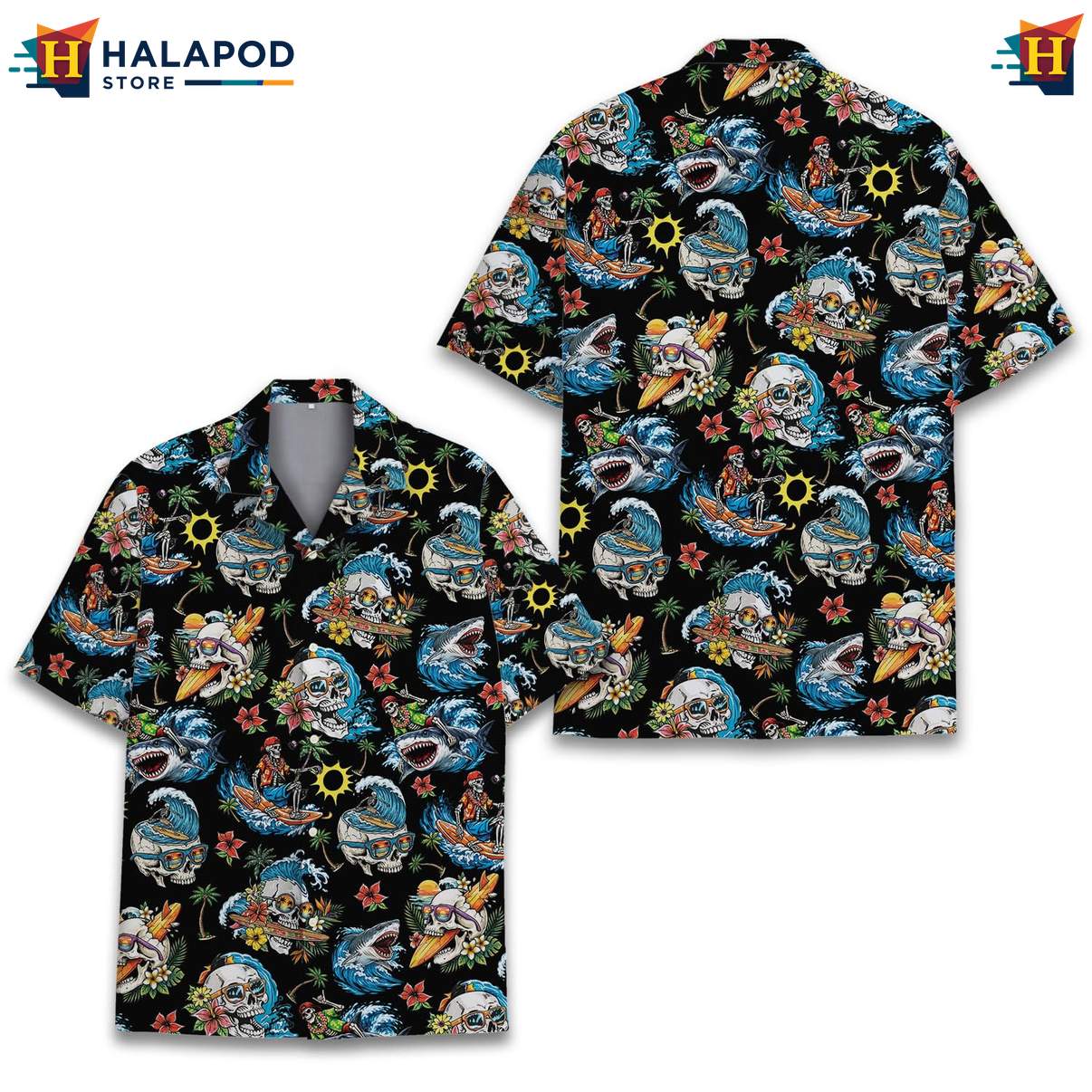 Cool Shark Aloha T-Shirt, Black Skull Tropical Design For Summer Beach Fun
