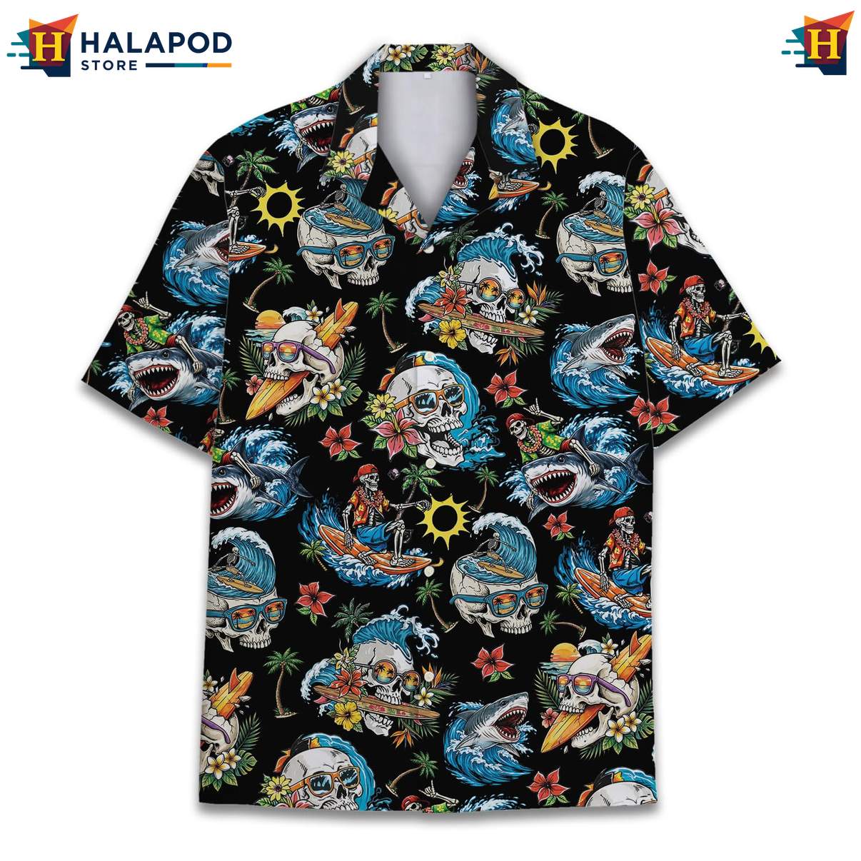 Cool Shark Aloha TShirt, Black Skull Tropical Design For Summer Beach Fun
