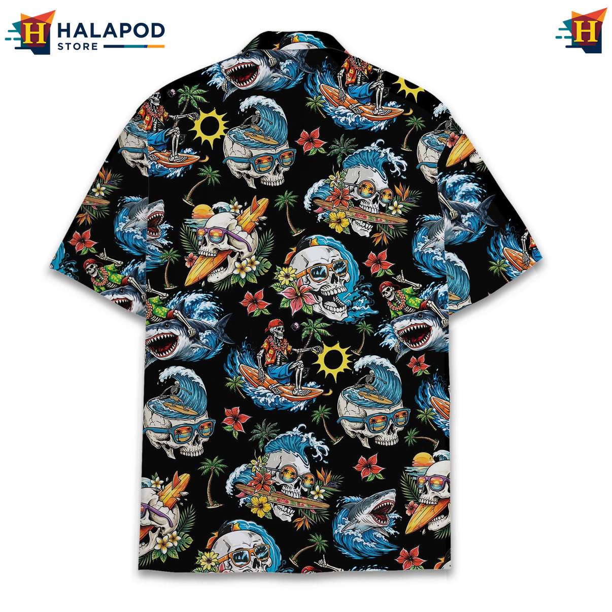 Cool Shark Aloha Tee, Black Skull Tropical Design For Summer Beach Fun