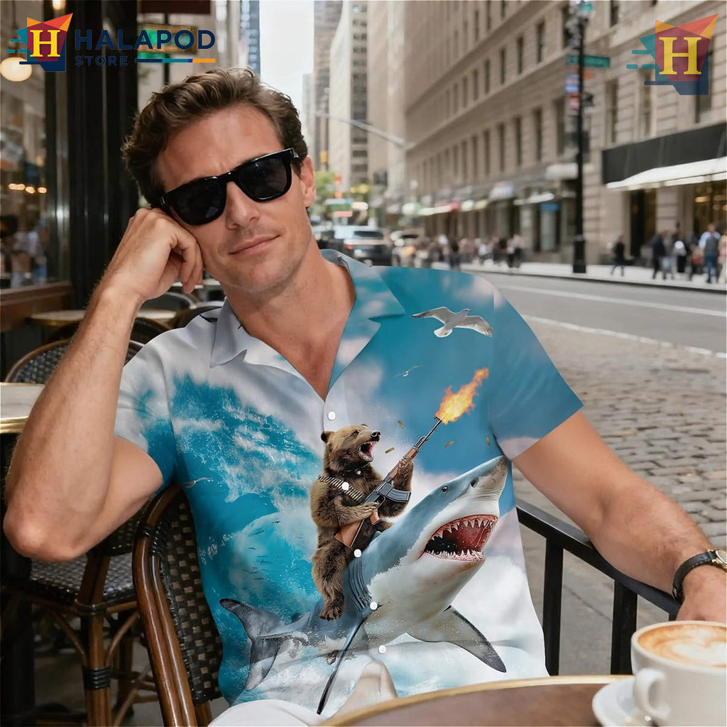 Cool Shark Bear Hawaiian Shirt Funny Graphic Tropical Holiday Summer Mens Shirt