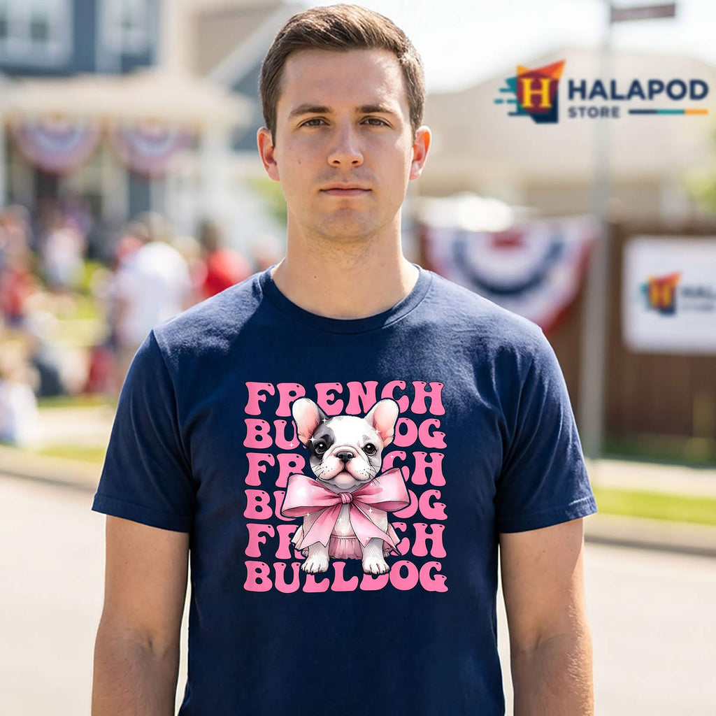 Coquette Bow Frenchie Shirt French Bulldog Mom Girl Pink Casual Graphic Womens