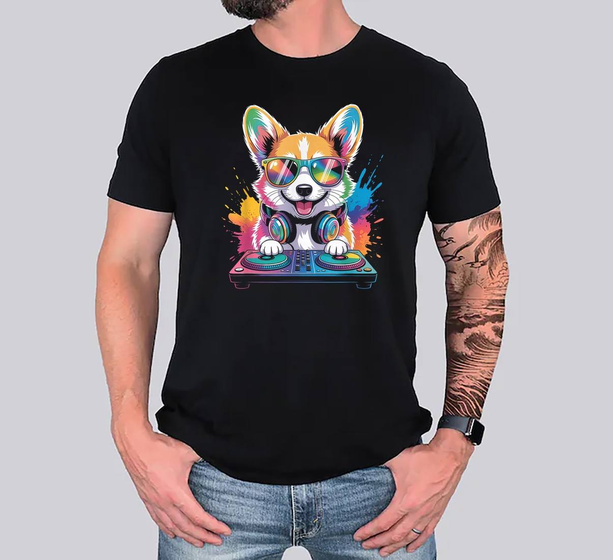 Corgi DJ On Turntables Meme T-Shirt EDM Synthesizer Rave Music Graphic Men
