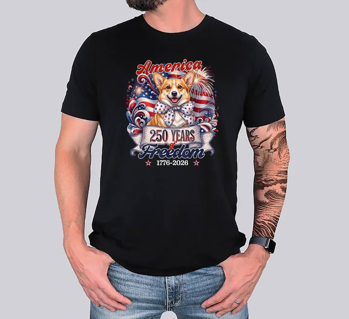 Corgi Dog 250th America Fan Tee Shirt Patriotic USA 4th Of July Graphic Men
