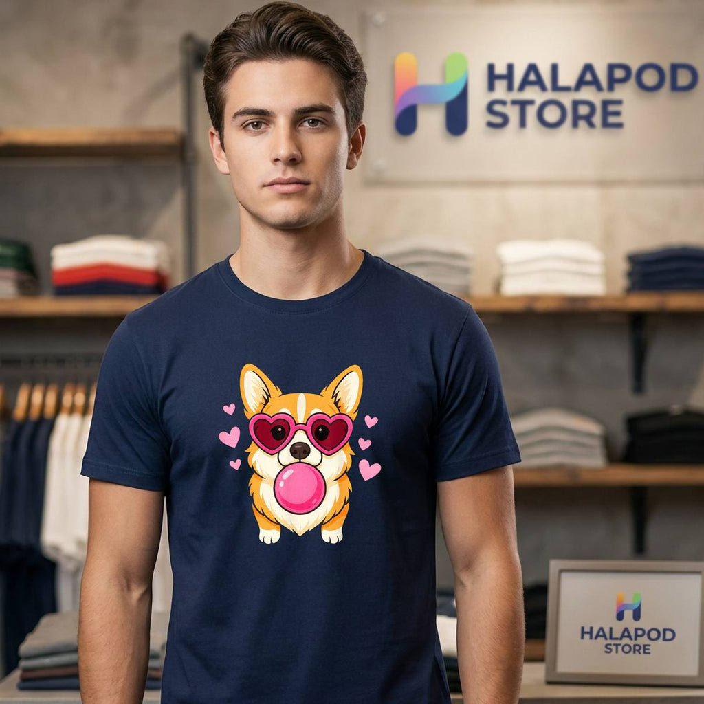 Corgi Dog Blowing Bubble Gum Shirt Cute Pink Hearts Pet Graphic For Mens
