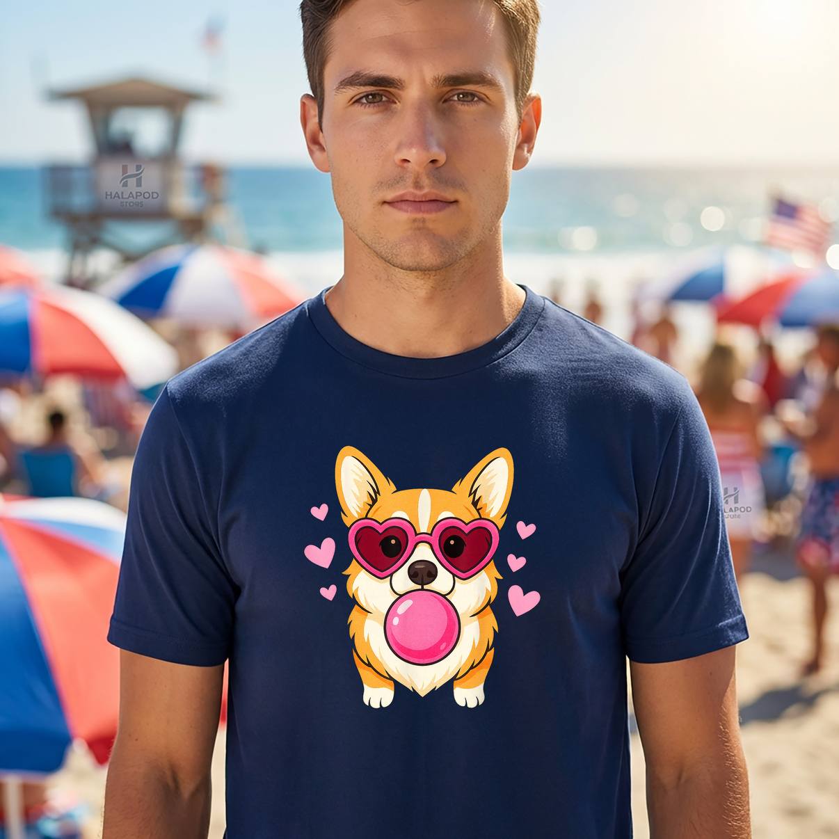 Corgi Dog Blowing Bubble Gum Tee Shirt Cute Pink Hearts Pet Graphic For Mens