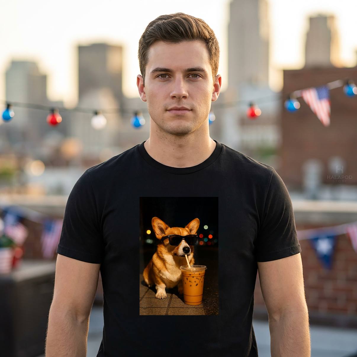 Corgi Dog Iced Coffee Night Tee Shirt Sunglasses Funny Vibe Boys Girls Mens