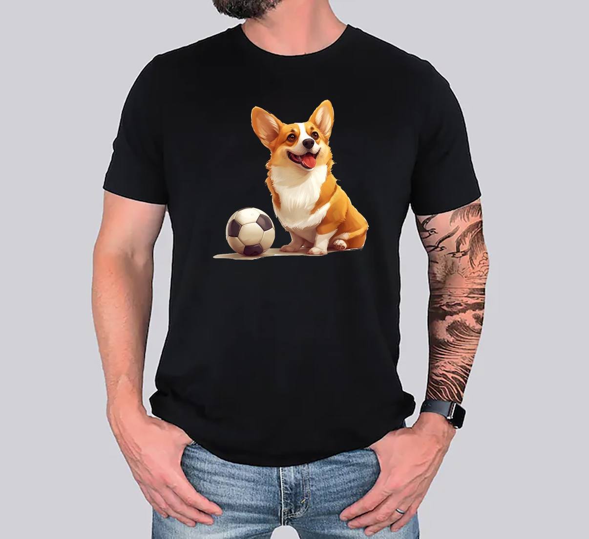 Corgi Dog Soccer Ball Sports T-Shirt Team Animal Fan Graphic Apparel Mens
