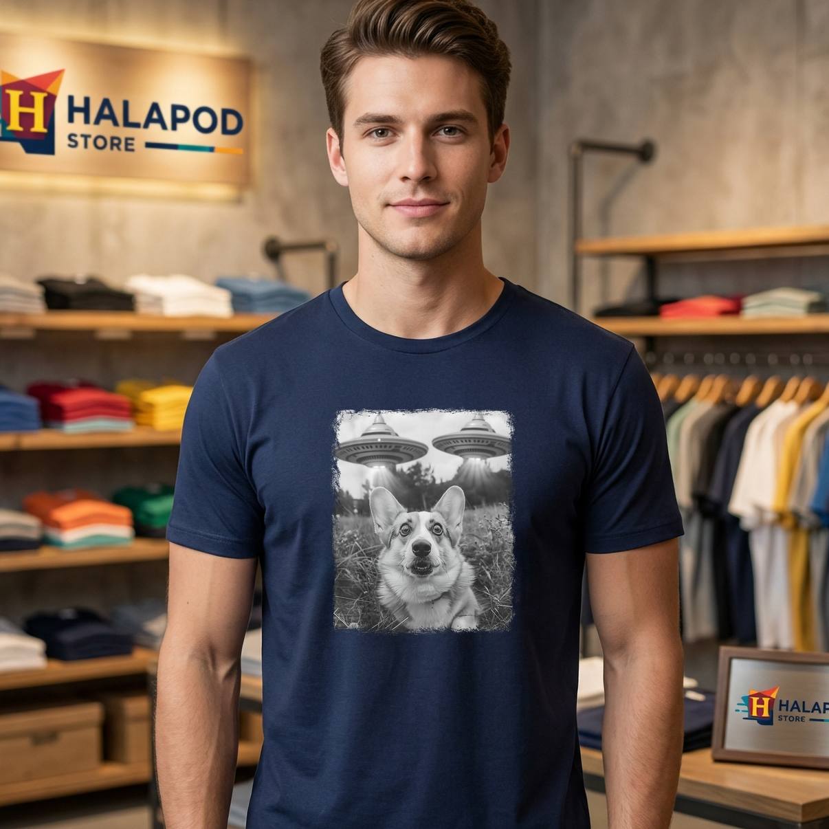 Corgi Dog UFO Alien Selfie T-Shirt Extraterrestrial Funny Graphic For Mens