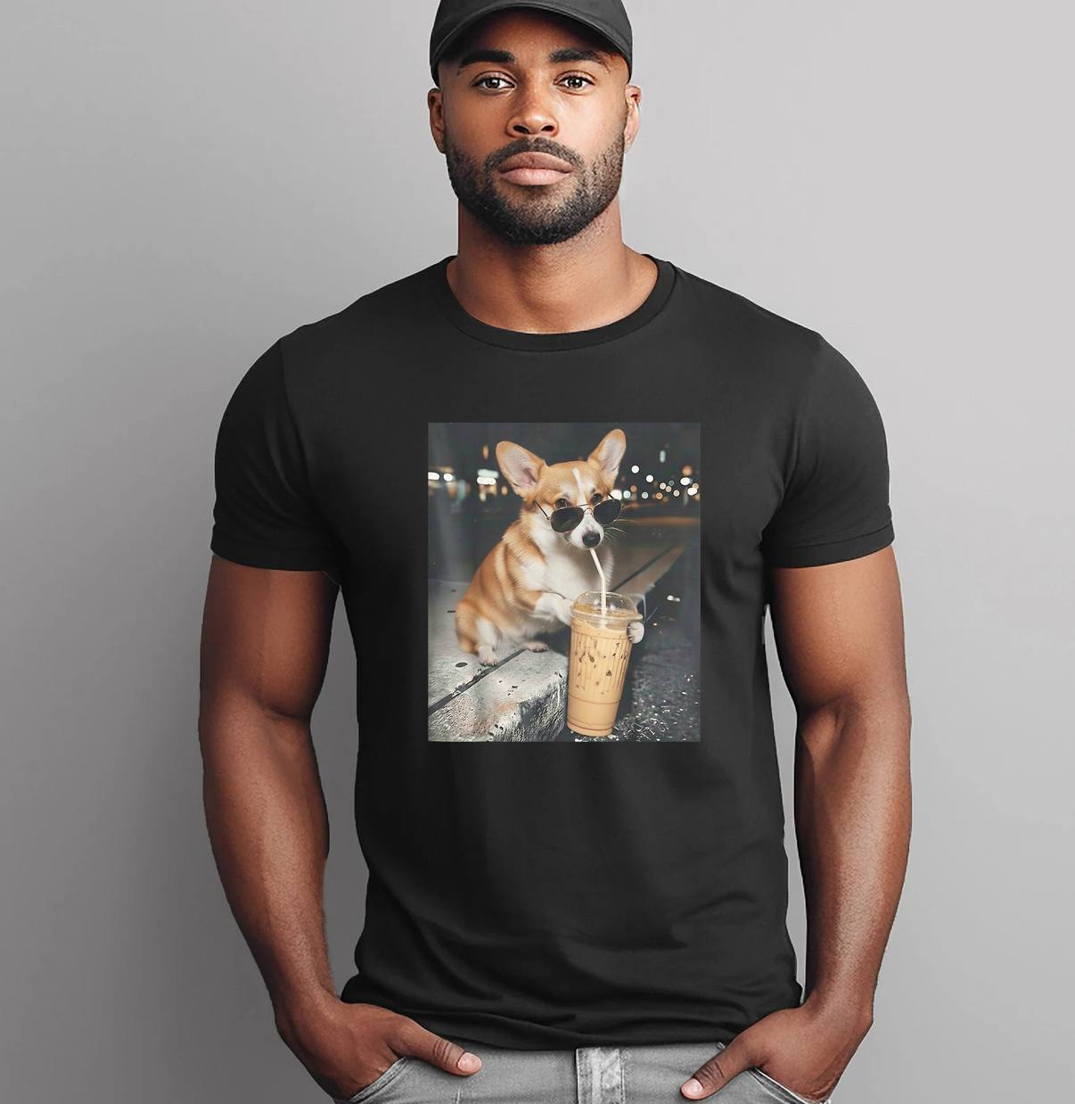 Corgi Drinking Iced Coffee Shirt Funny Animal Meme Dog Lover Graphic Men