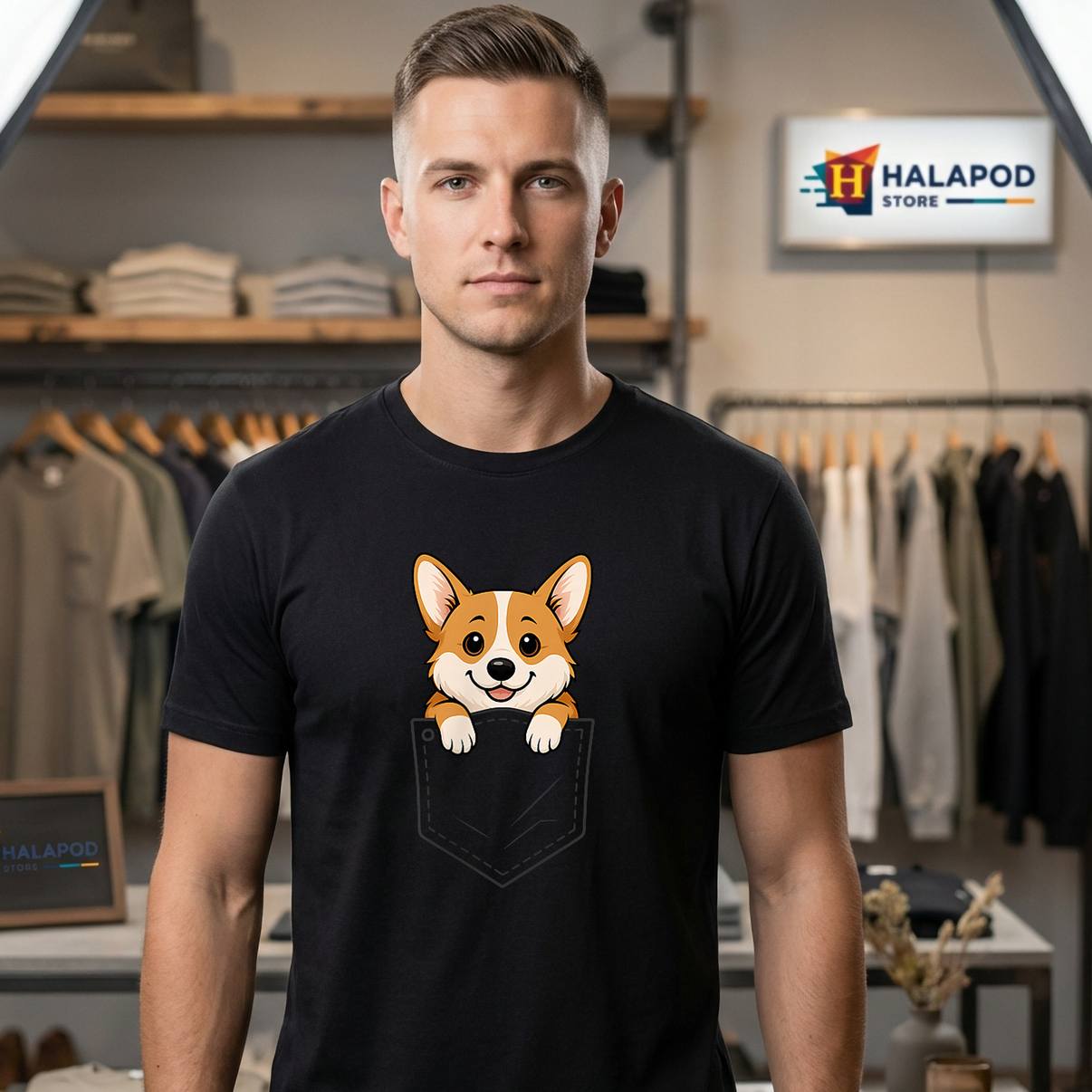Corgi Peeking In Pocket Funny Tee Shirt Animal Dog Lover Pet Mom Graphic Men
