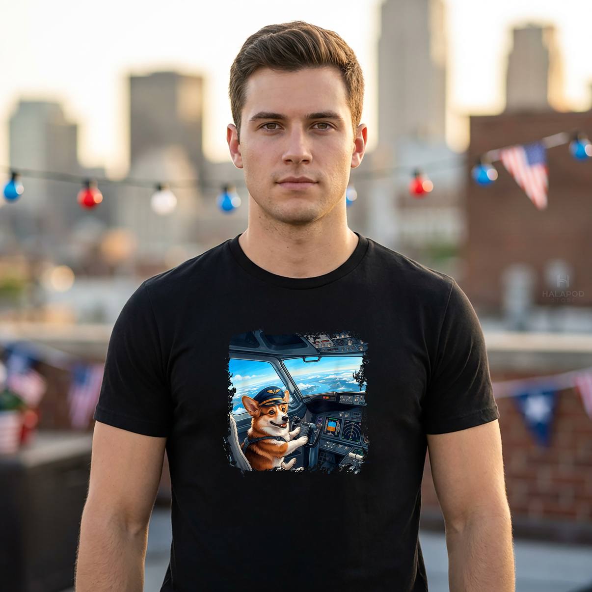 Corgi Pilot Dog Airplane Fan Tee Shirt Cockpit Flight Scene Graphic For Mens