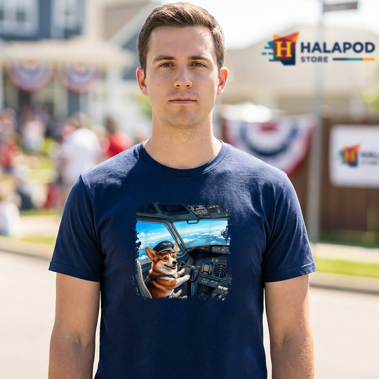 Corgi Pilot Dog Airplane Fan T-Shirt Cockpit Flight Scene Graphic For Mens