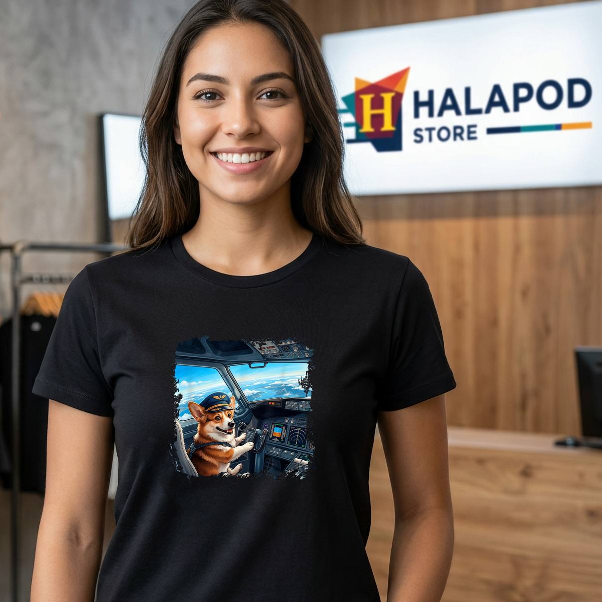 Corgi Pilot Dog Airplane Fan TShirt Cockpit Flight Scene Graphic For Mens