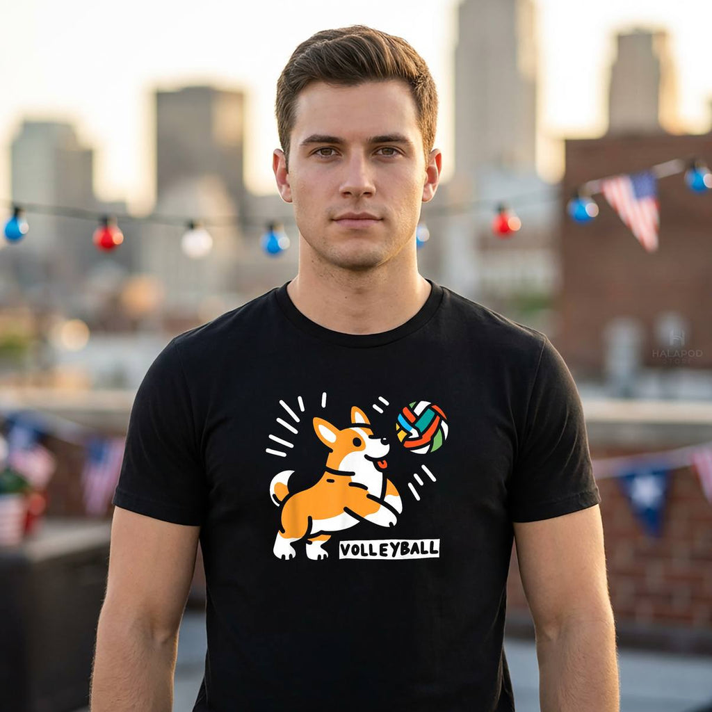 Corgi Playing Volleyball Fan Shirt Funny Graphic Dog Lover Apparel Mens