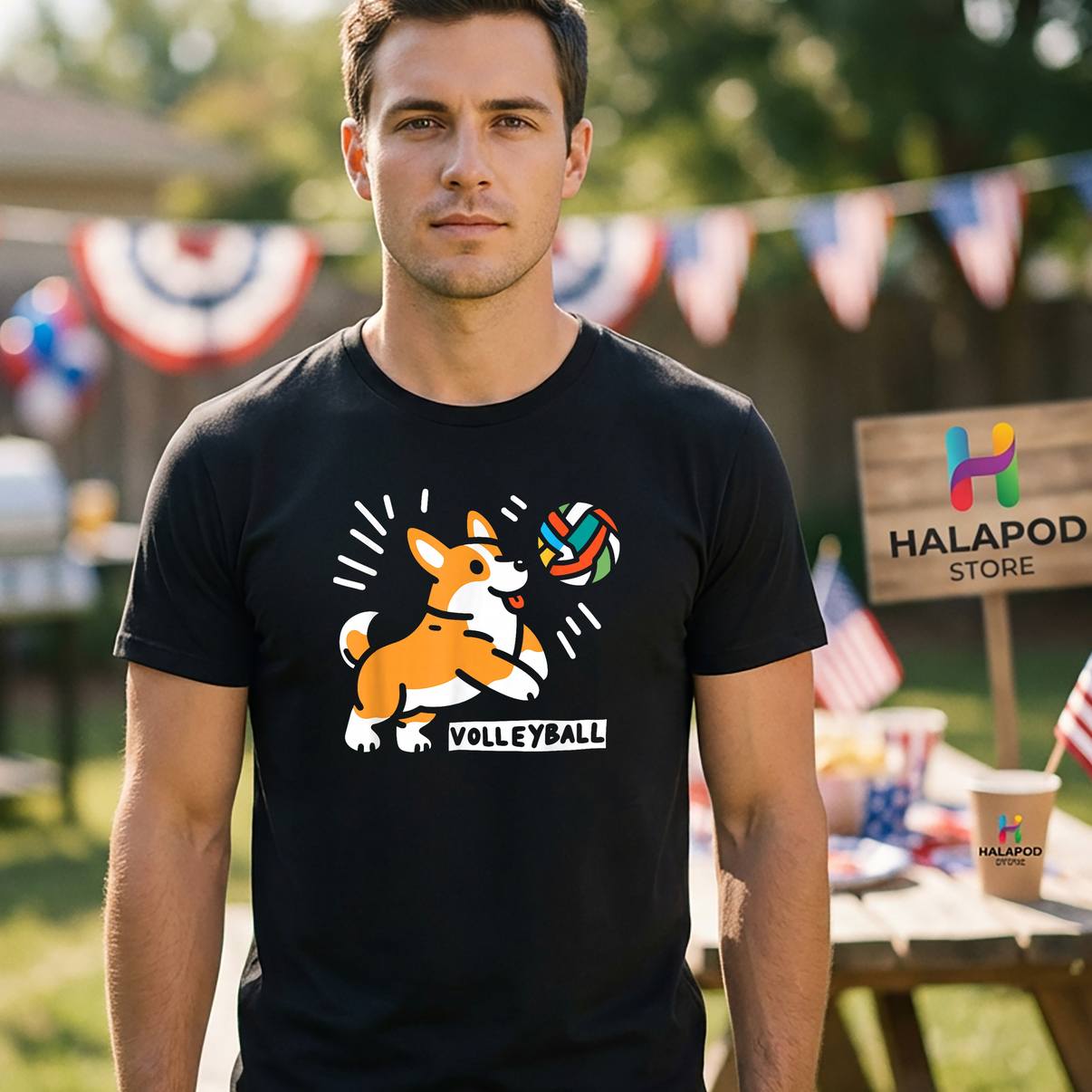Corgi Playing Volleyball Fan T-Shirt Funny Graphic Dog Lover Apparel Mens