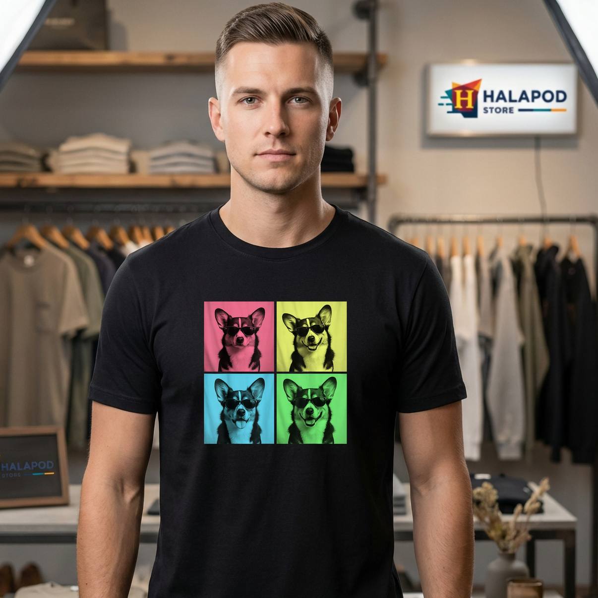 Corgi Pop Art Funny Dog Lover Tee Shirt Tri Color Photo Booth Graphic Mens