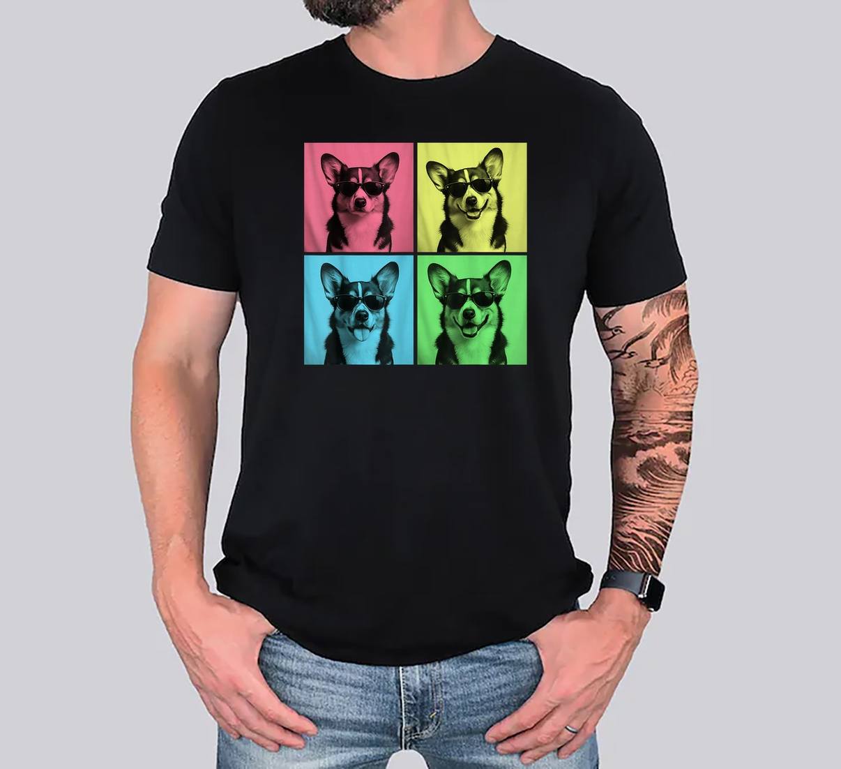 Corgi Pop Art Funny Dog Lover TShirt Tri Color Photo Booth Graphic Mens