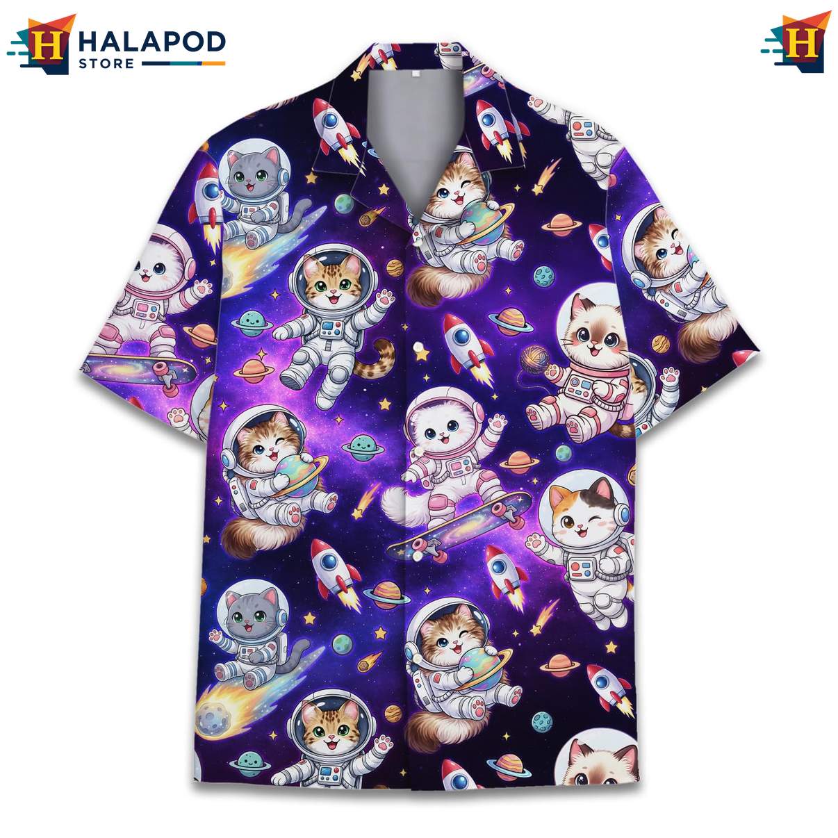 Cosmic Cat Tropical Shirt, Purple Astronaut Cats Novelty Summer Button Down