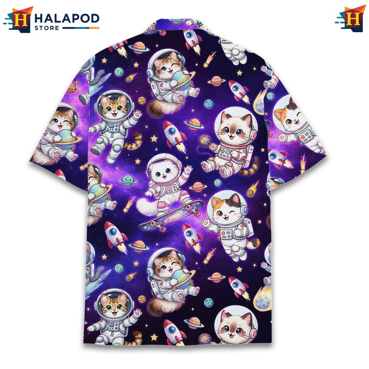 Cosmic Cat Aloha Shirt, Purple Astronaut Cats Novelty Summer Button Down