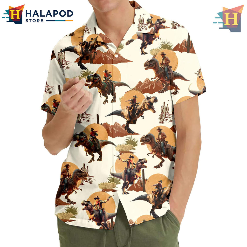 Cowboy Dinosaur Summer Hawaiian Shirt 2026 Tropical Beach Casual Mens Fan Gear