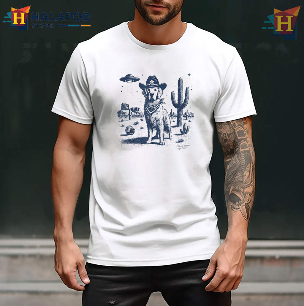 Cowboy UFO Retriever Shirt Funny Golden Dog Cowboy Hat Graphic Novelty Mens