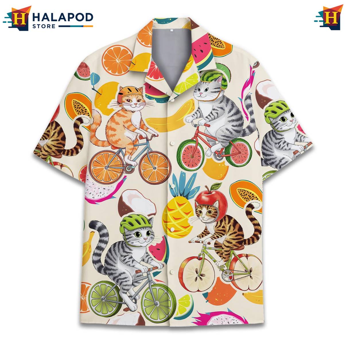 Cream Cat Bicycles Hawaiian Shirt Funny Alien UFO Short Sleeve Button Down