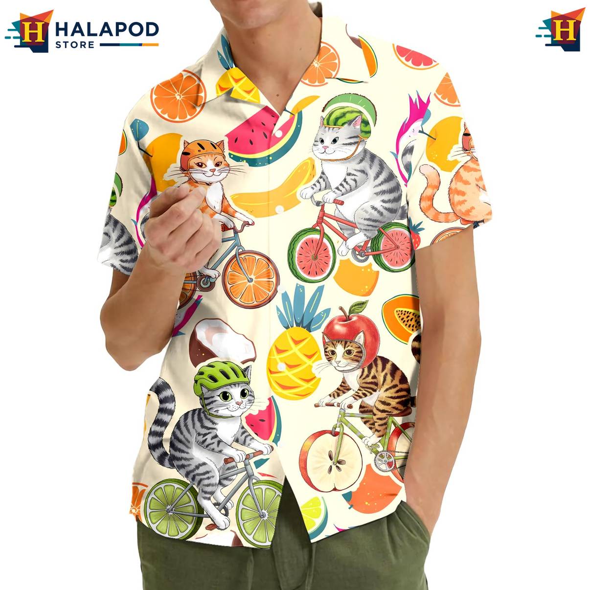 Cream Cat Bicycles Short-sleeve button-up shirt Funny Alien UFO Short Sleeve Button Down