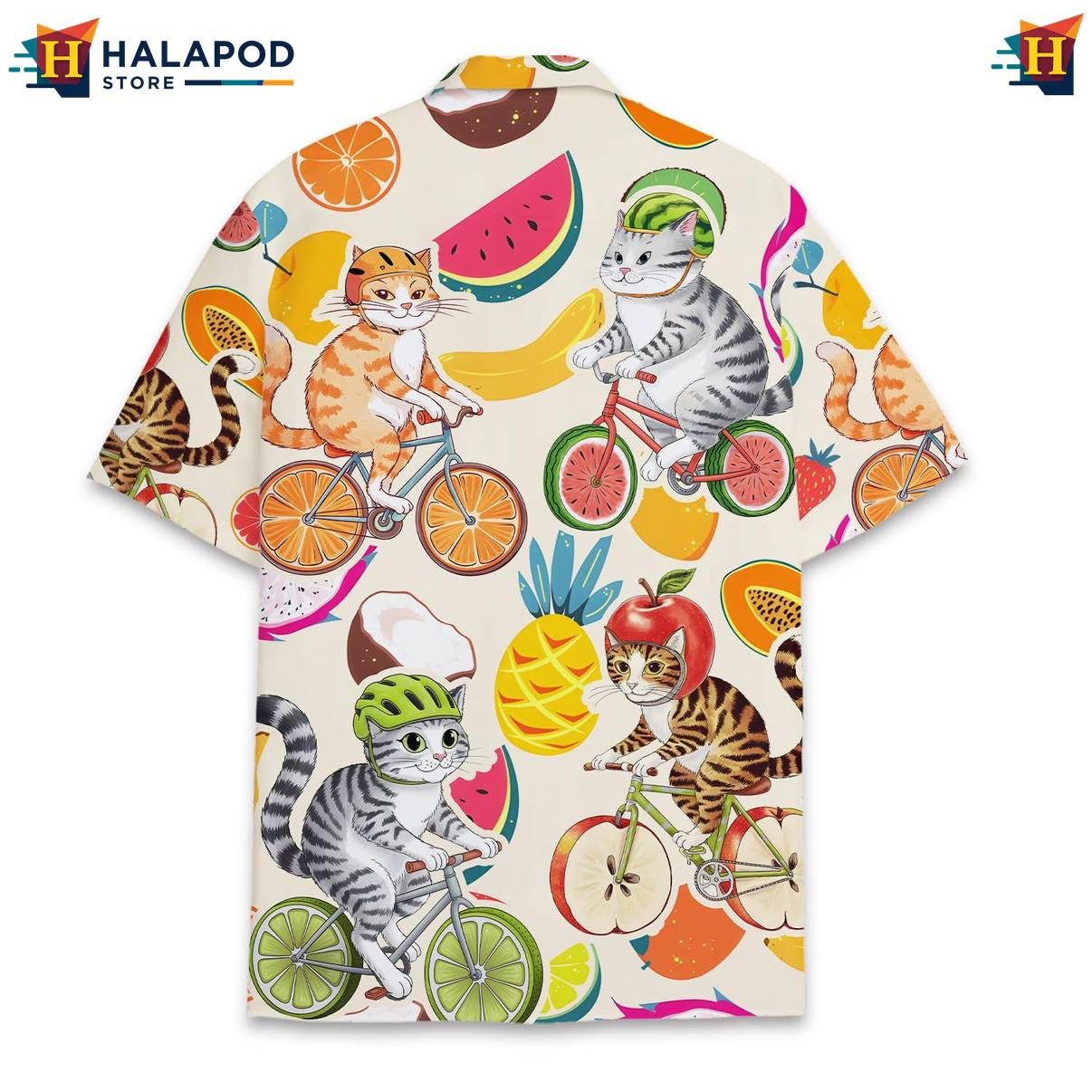 Cream Cat Bicycles Tropical Shirt Funny Alien UFO Short Sleeve Button Down