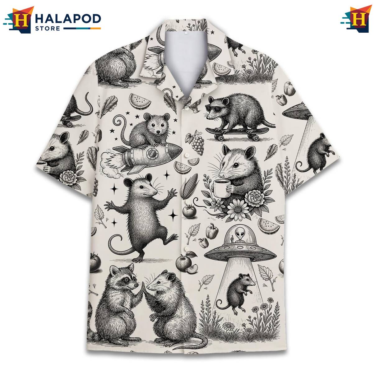 Cream Opossum Funny Hawaiian Shirt Alien UFO Short Sleeve Button Down Mens