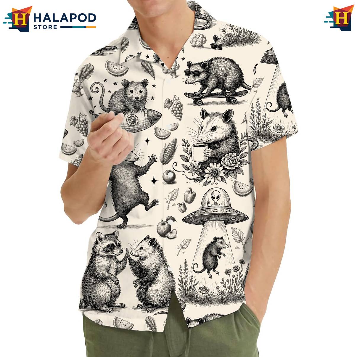 Cream Opossum Funny Short-sleeve button-up shirt Alien UFO Short Sleeve Button Down Mens