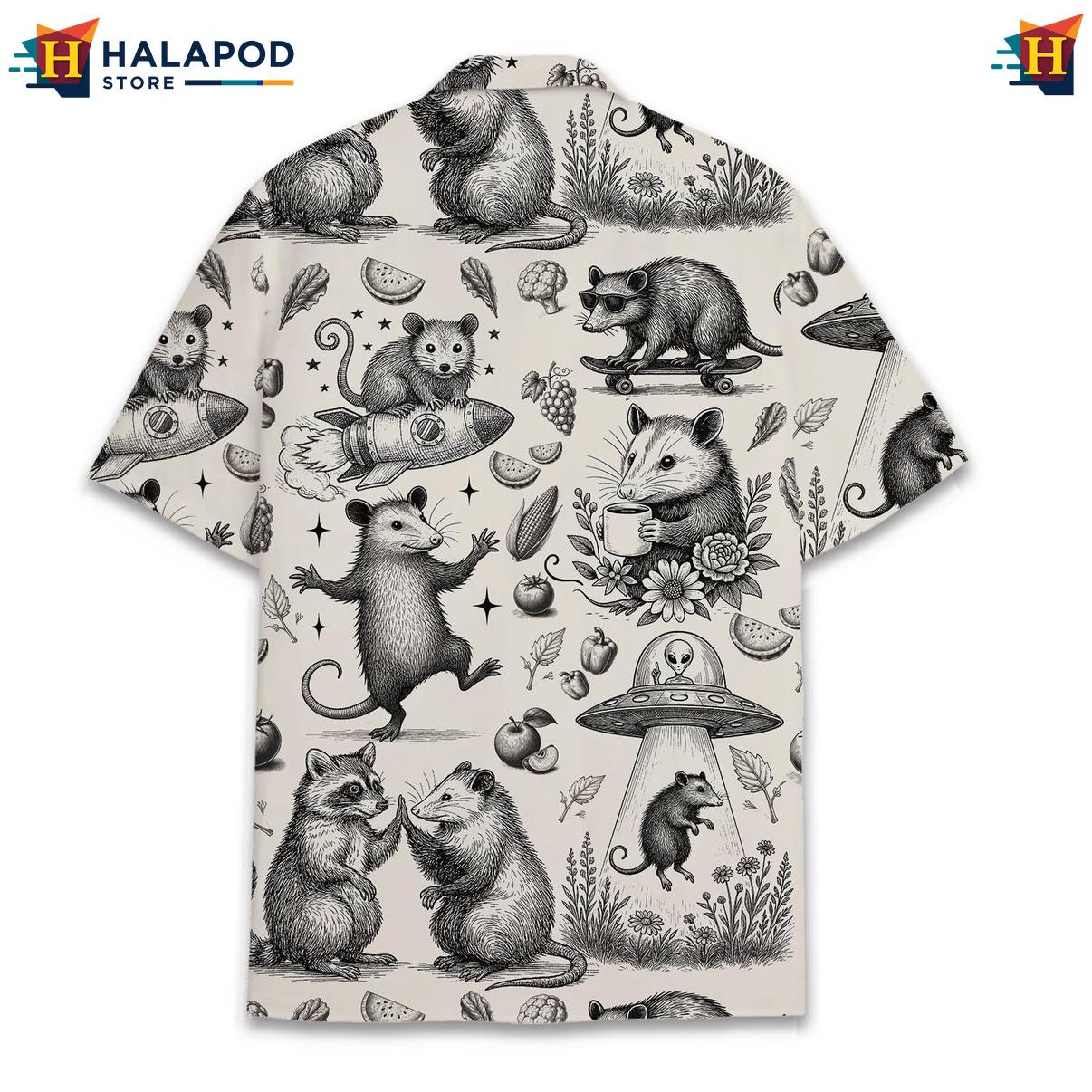 Cream Opossum Funny Tropical Shirt Alien UFO Short Sleeve Button Down Mens