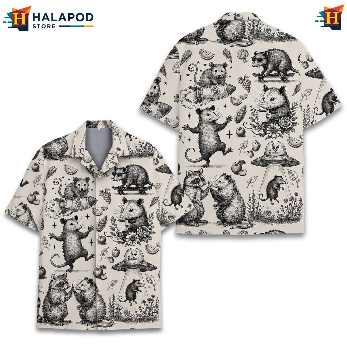 Cream Opossum Funny Aloha Shirt Alien UFO Short Sleeve Button Down Mens