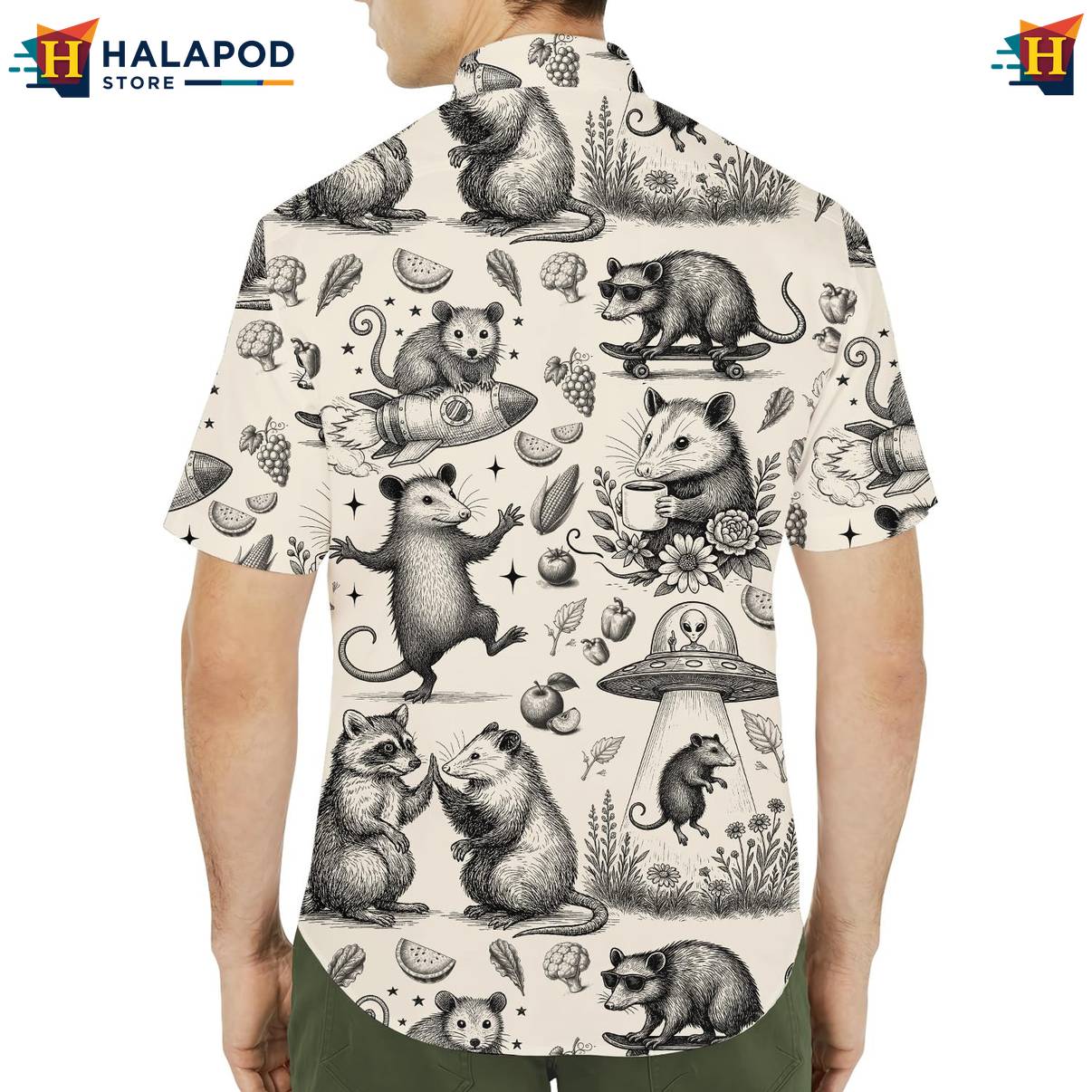 Cream Opossum Funny Short-sleeve button-up shirt Alien UFO Short Sleeve Button Down Mens