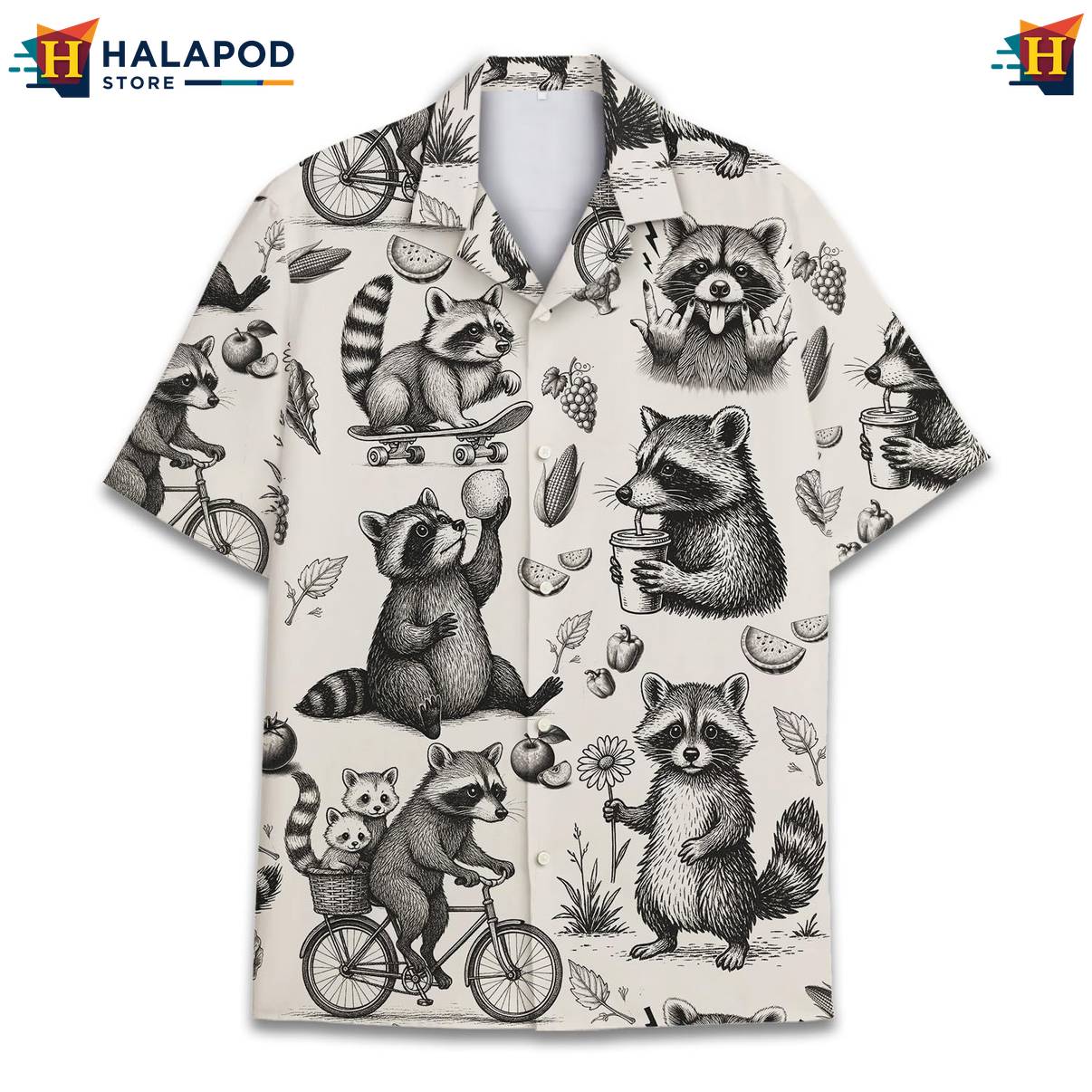 Cream Raccoon Funny Hawaiian Shirt Alien UFO Short Sleeve Button Down Mens