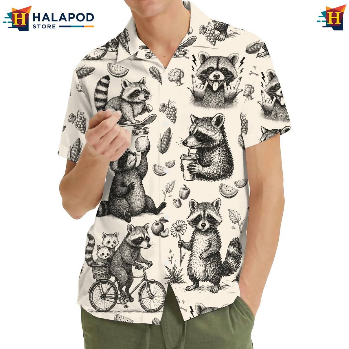 Cream Raccoon Funny Short-sleeve button-up shirt Alien UFO Short Sleeve Button Down Mens